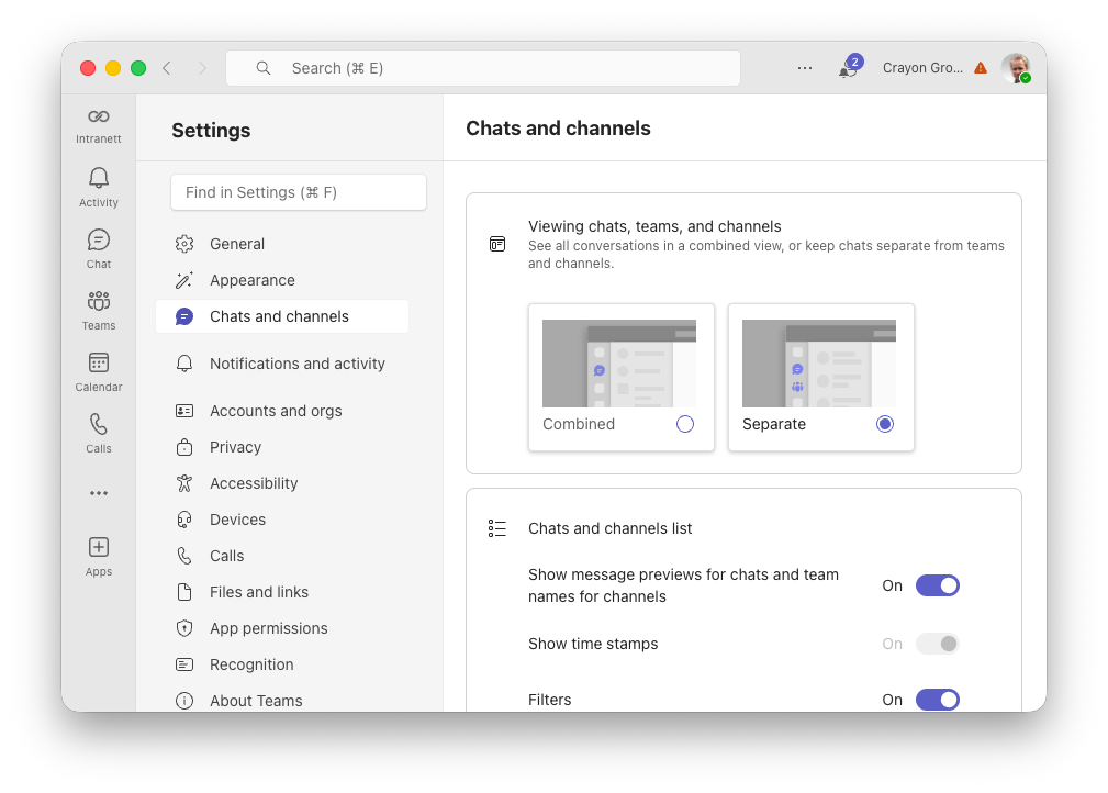 Teams combined view settings